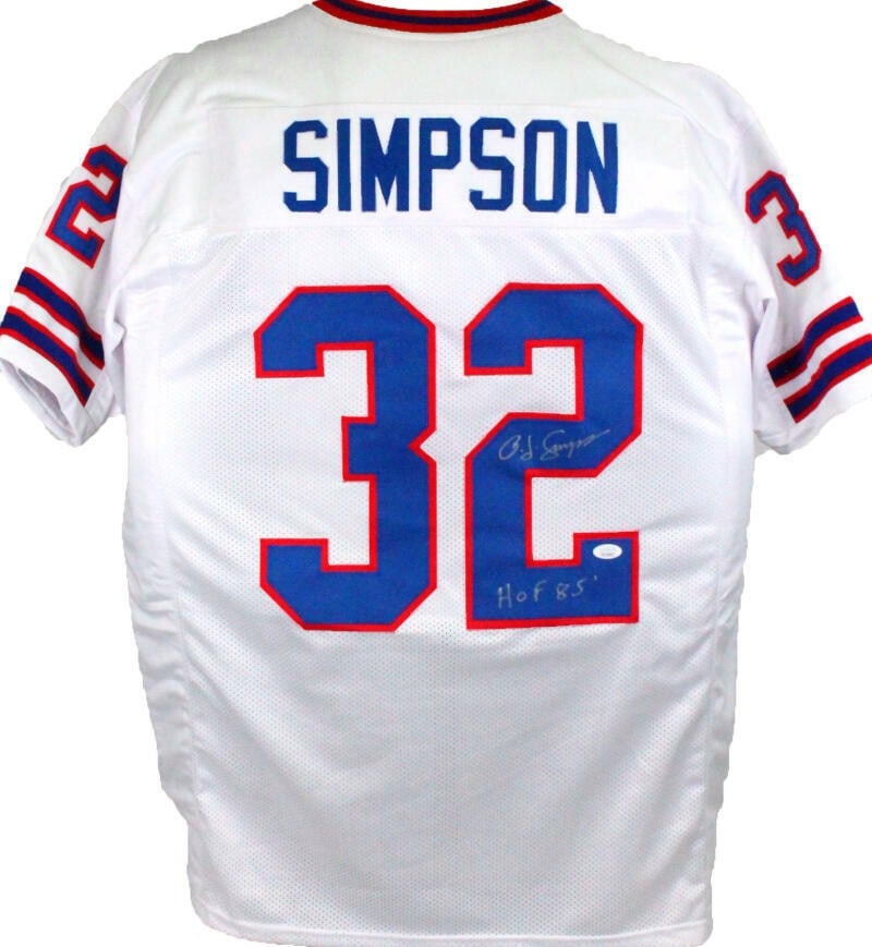 OJ Simpson Autographed Buffalo Bills Pro Style Jersey HOF JSA W Silver: OJ Simpson Autographed Buffalo Bills Pro Style Jersey HOF JSA W Silver This is an original OJ Simpson autographed white pro style jersey, a must-have for any football memorabilia collector. The jersey