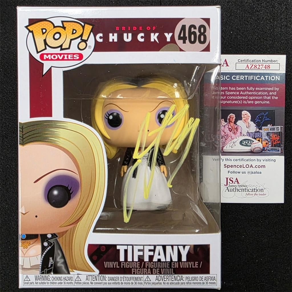 Tiffany Funko Pop 468 Bride of Chucky signed by Jennifer Tilly with JSA COA: Tiffany Funko Pop 468 Bride of Chucky signed by Jennifer Tilly with JSA COA This is an original Bride of Chucky Tiffany Funko Pop! #468, hand-signed by Jennifer Tilly. The autograph is authenticated b
