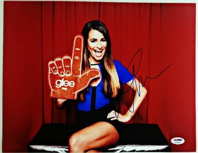 Lea Michele Signed Glee 11x14 Photograph PSA DNA Authenticated: Lea Michele Signed Glee 11x14 Photograph PSA DNA Authenticated This original 11x14 photograph from the television series Glee is hand-signed by actress Lea Michele. The autograph has been authenticate