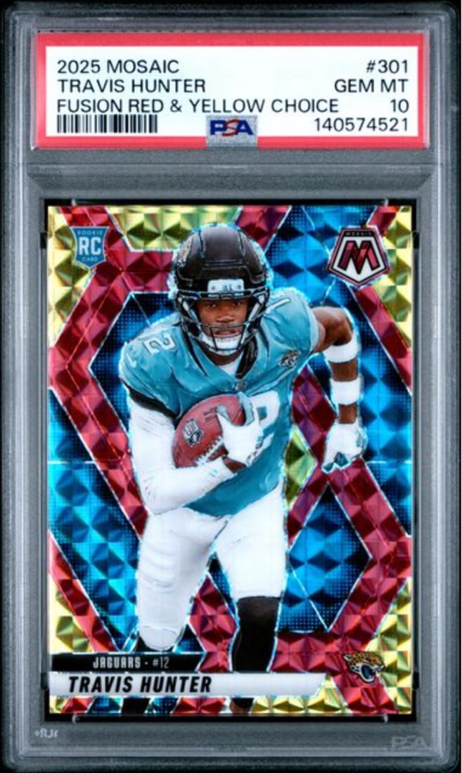 PSA 10 Mosaic Fusion Red Yellow Choice Travis Hunter #301 /89 NFL Card: PSA 10 Mosaic Fusion Red Yellow Choice Travis Hunter #301 /89 NFL Card This is an original 2025 Mosaic Travis Hunter #301 Fusion Red/Yellow Choice card, graded PSA 10 by Professional Sports Authentica