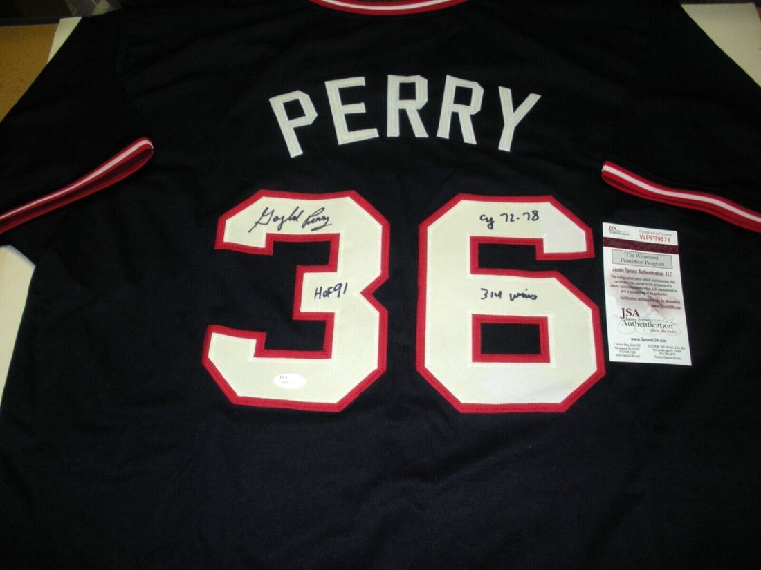 Signed Gaylord Perry Cleveland Indians Jersey With JSA COA And Career Highlights: Signed Gaylord Perry Cleveland Indians Jersey With JSA COA And Career Highlights This is a signed Cleveland Indians jersey featuring Gaylord Perry, commemorating his Hall of Fame induction in 1991, Cy