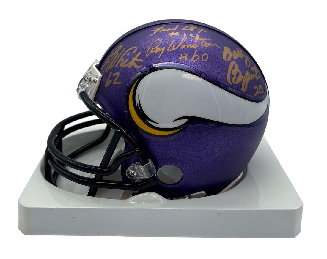 Mini Helmet Signed by Six Minnesota Vikings Including Yary and Tingelhoff PSA LOA: Mini Helmet Signed by Six Minnesota Vikings Including Yary and Tingelhoff PSA LOA This Minnesota Vikings mini helmet is signed by six notable team members, including Hall of Famers Ron Yary and Mick T