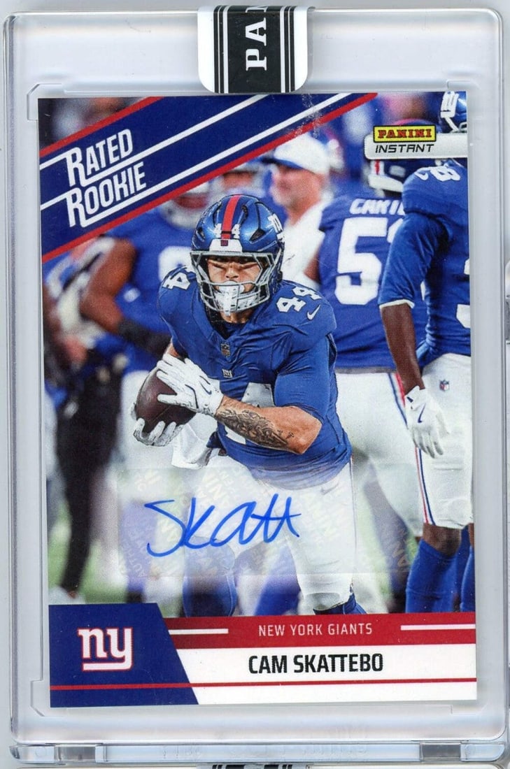 Cam Skattebo Signed 2025 Panini Instant NFL Rookie Card Auto Numbered to 99: Cam Skattebo Signed 2025 Panini Instant NFL Rookie Card Auto Numbered to 99 This is a 2025 Panini Instant NFL Cam Skattebo #2 Rated Retro Rookie Autograph Card, limited to 99 copies. The card features
