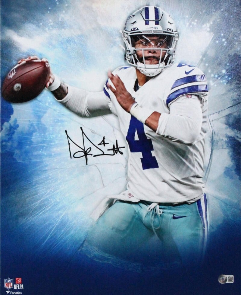 Framed 16x20 Canvas Signed by Dak Prescott Beckett Authenticated: Framed 16x20 Canvas Signed by Dak Prescott Beckett Authenticated This framed 16x20 stretched canvas features an original autograph from Dak Prescott of the Dallas Cowboys. The signature is authenticat