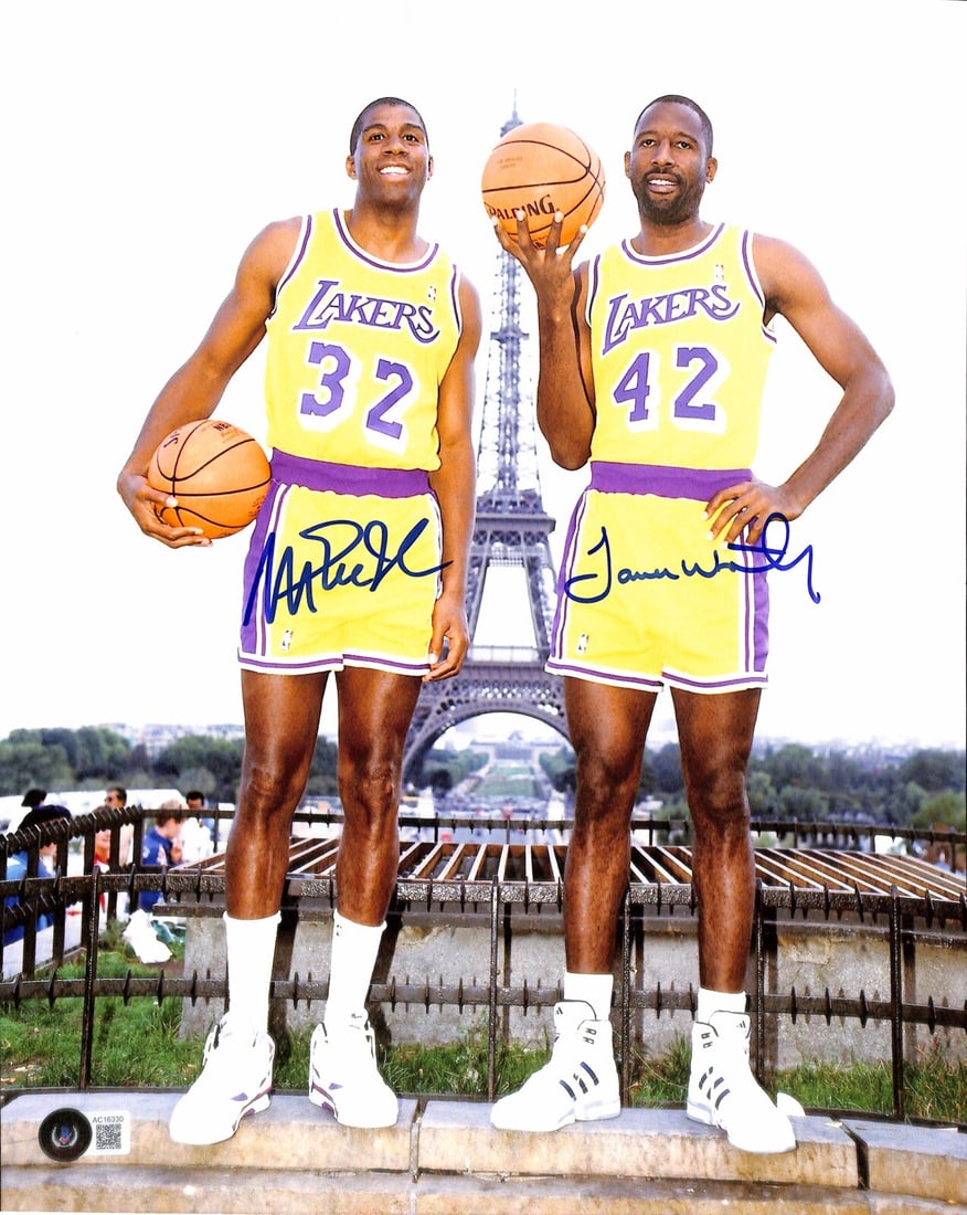 11x14 Color Photograph Signed by Magic Johnson and James Worthy Beckett LOA: 11x14 Color Photograph Signed by Magic Johnson and James Worthy Beckett LOA This 11x14 color photograph features the authentic signatures of NBA legends Magic Johnson and James Worthy, both of the Los