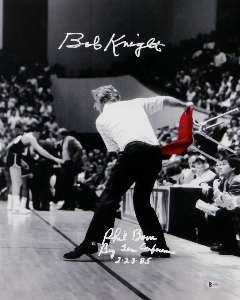 16x20 Basketball Photo Signed by Bob Knight and Phil Bova Beckett Authenticated: 16x20 Basketball Photo Signed by Bob Knight and Phil Bova Beckett Authenticated This 16x20 photo features signatures from Bob Knight and Phil Bova and depicts the iconic red chair moment. The autograp