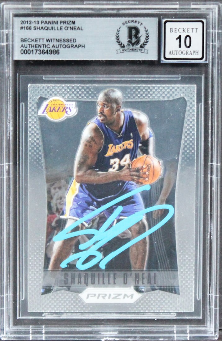 Shaquille O'Neal Signed 2012 Panini Prizm #166 Card Beckett Authenticated: Shaquille O'Neal Signed 2012 Panini Prizm #166 Card Beckett Authenticated This authentic 2012 Panini Prizm #166 card features the legendary Shaquille O'Neal, personally signed by the basketball icon h