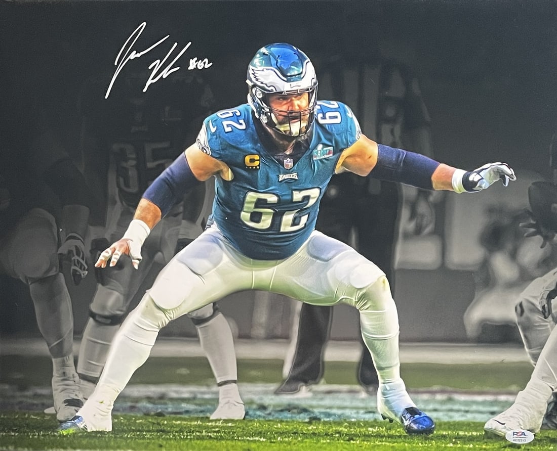 Jason Kelce Autographed 16x20 Eagles Photograph PSA DNA Witness Authenticated: Jason Kelce Autographed 16x20 Eagles Photograph PSA DNA Witness Authenticated This is a 16x20 photograph of Jason Kelce from the Philadelphia Eagles, signed by Kelce himself. The autograph was witness