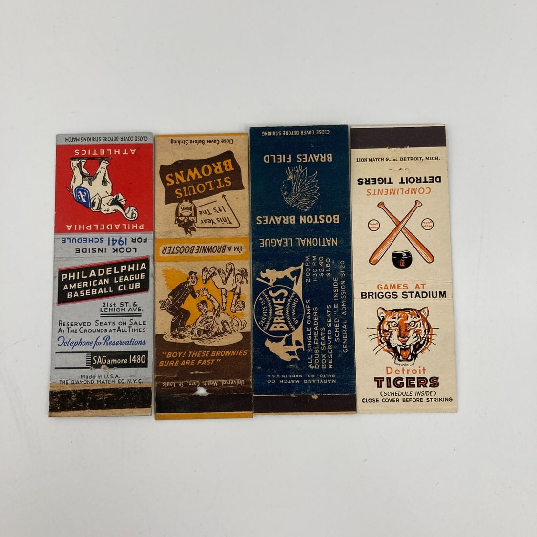 Lot of 4 Vintage Baseball Matchbook Schedules 1941 A's 1938 Browns 1947 Braves 1956 Tigers: Lot of 4 Vintage Baseball Matchbook Schedules 1941 A's 1938 Browns 1947 Braves 1956 Tigers This lot features four original baseball matchbook schedules from notable years in baseball history, includin