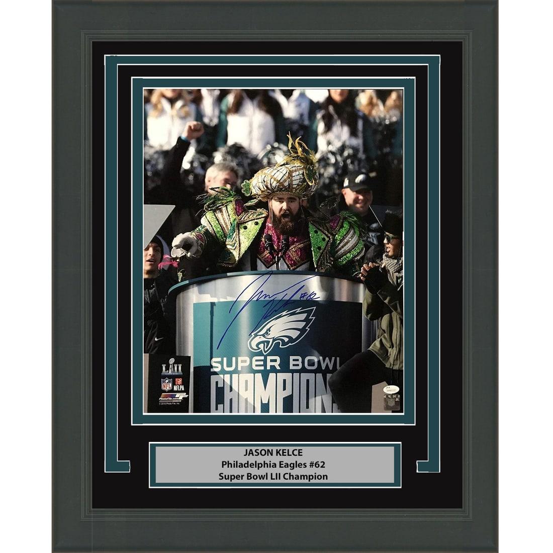 Framed Jason Kelce signed Eagles 8x10 photo with PSA COA: Framed Jason Kelce signed Eagles 8x10 photo with PSA COA This professionally framed and matted 8x10 photograph features Jason Kelce delivering his Super Bowl parade speech for the Philadelphia Eagles.