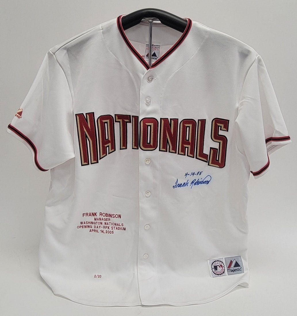 Frank Robinson Autographed Washington Nationals Jersey 2/20 Beckett Authenticated: Frank Robinson Autographed Washington Nationals Jersey 2/20 Beckett Authenticated Celebrate baseball history with this original Frank Robinson signed Washington Nationals Opening Day Majestic jersey. 