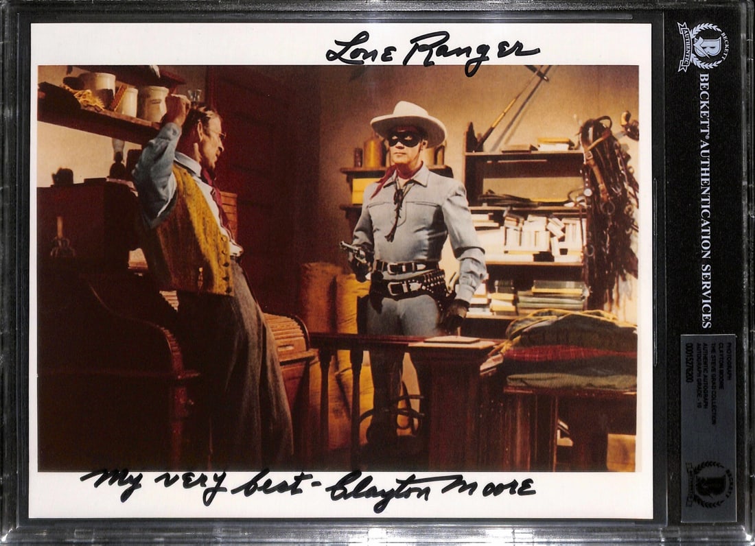 Clayton Moore Signed 8x10 Photo as The Lone Ranger Beckett 10 Inscribed: Clayton Moore Signed 8x10 Photo as The Lone Ranger Beckett 10 Inscribed This is an autographed 8x10 color photograph of Clayton Moore, best known for his role as The Lone Ranger in the iconic televisi