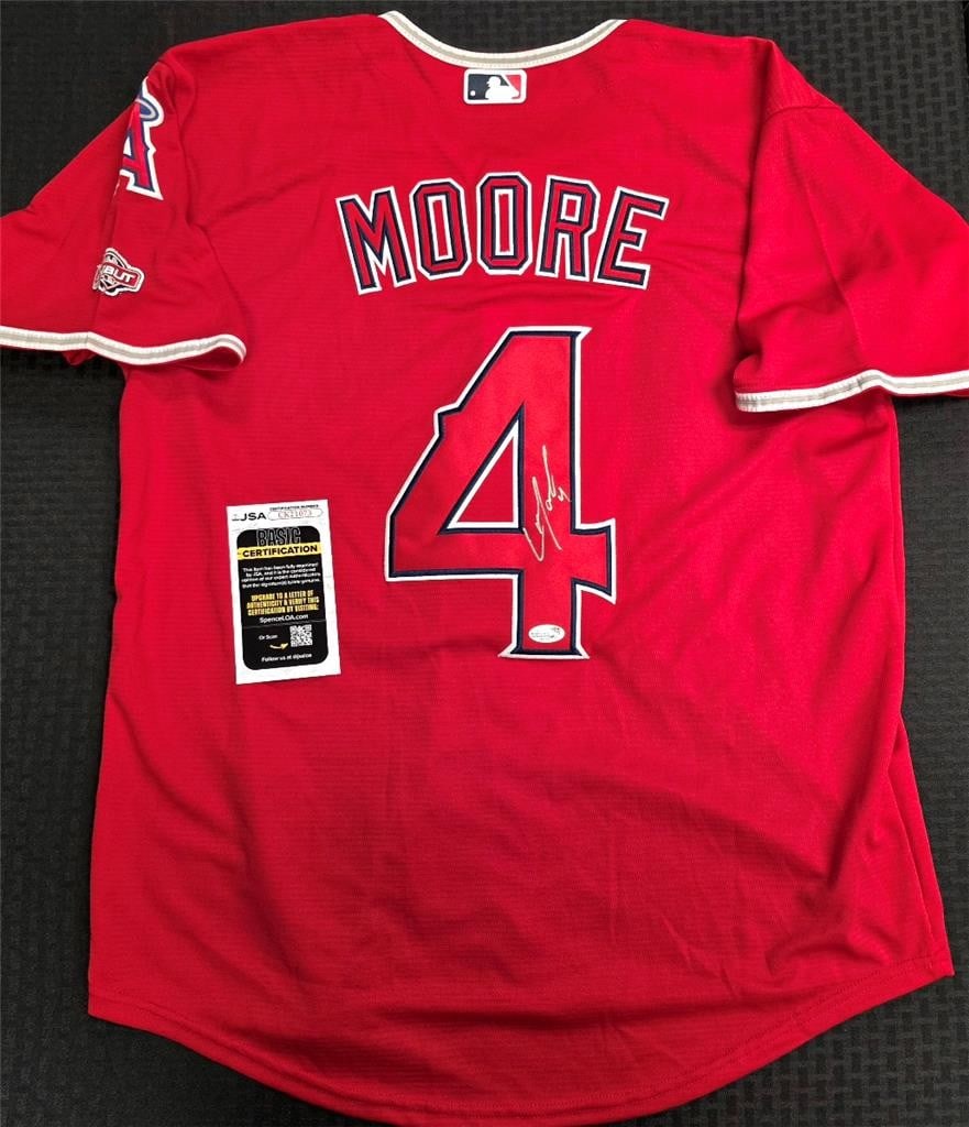 Autographed Los Angeles Angels Baseball Jersey Signed by Christian Moore JSA Authenticated: Autographed Los Angeles Angels Baseball Jersey Signed by Christian Moore JSA Authenticated This pre-owned Los Angeles Angels baseball jersey is signed by Christian Moore and comes with authentication 