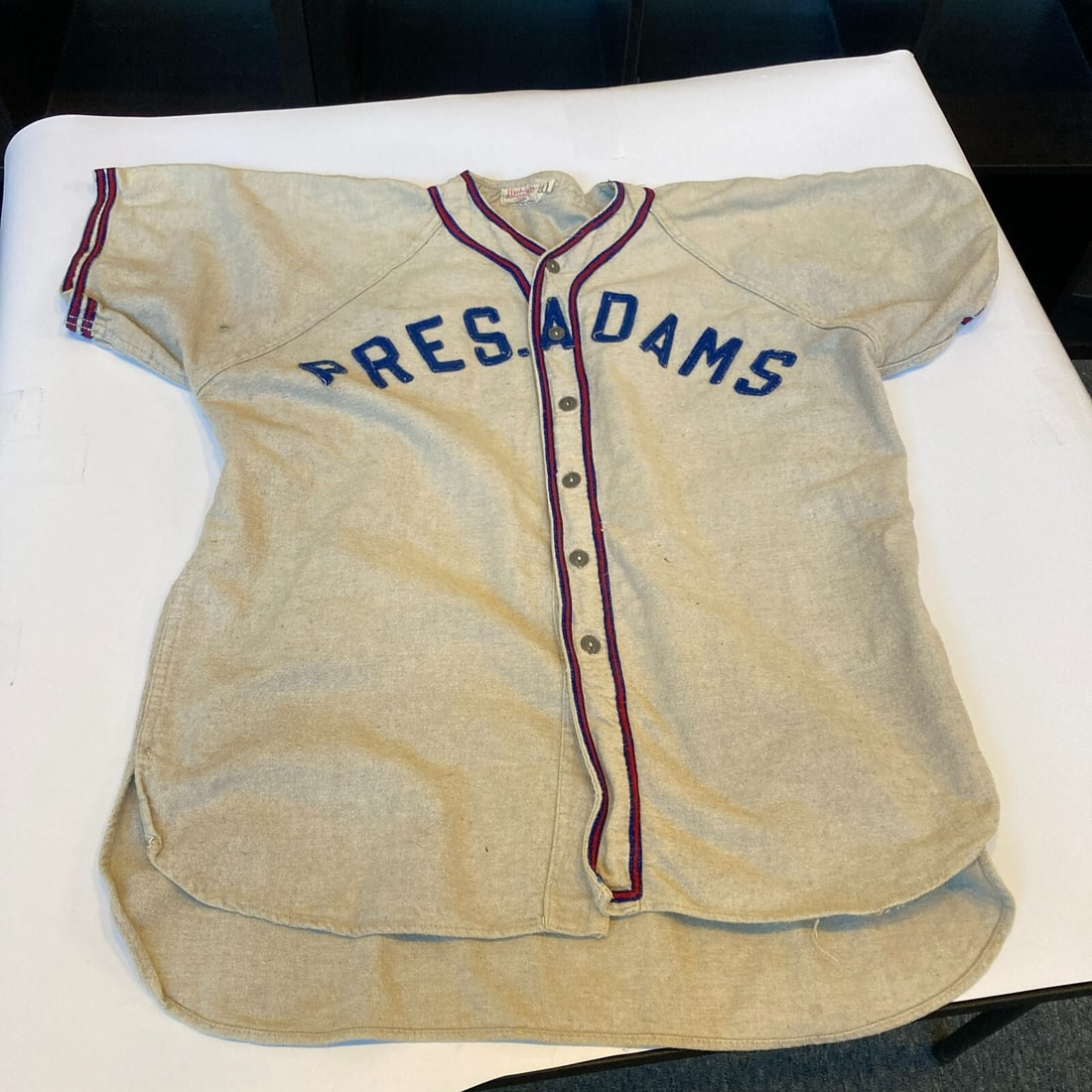 1945 USS President Adams Game Used Vintage Baseball Jersey Wilson Label: 1945 USS President Adams Game Used Vintage Baseball Jersey Wilson Label This vintage 1945 World War 2 USS President Adams baseball jersey is a remarkable piece of U.S. Navy history. Made by Wilson, it