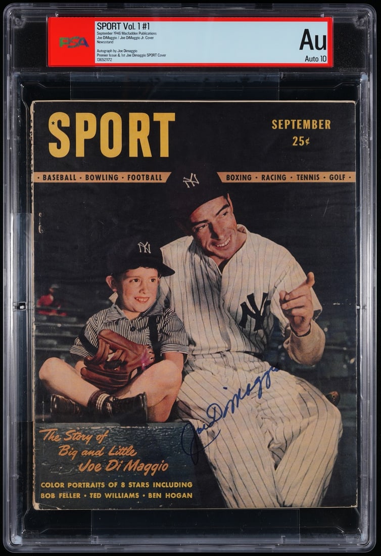 1946 SPORT Magazine Signed by Joe DiMaggio HOF PSA DNA Auto 10: 1946 SPORT Magazine Signed by Joe DiMaggio HOF PSA DNA Auto 10 This is an original 1946 SPORT Magazine newsstand issue, notable for the absence of a mailing label, featuring a bold signature from Hall