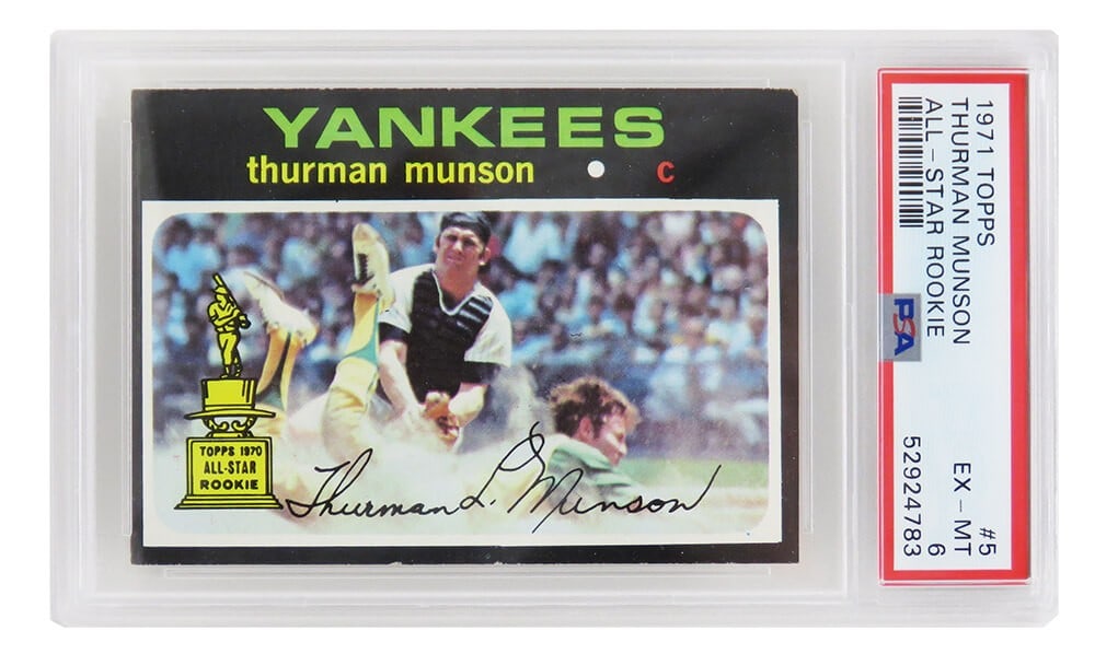 Thurman Munson 1971 Topps All Star Rookie Card #5 PSA 6 EX-MT: Thurman Munson 1971 Topps All Star Rookie Card #5 PSA 6 EX-MT This listing features a Thurman Munson 1971 Topps All Star Rookie Card #5, encapsulated and graded EX-MT (Excellent Mint) 6 by PSA. A must
