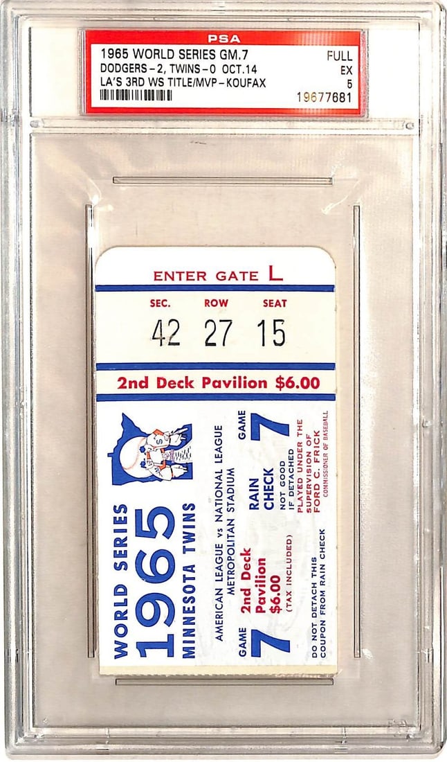 PSA 5 1965 World Series Game 7 Dodgers Ticket Sandy Koufax MVP (1 of 3)