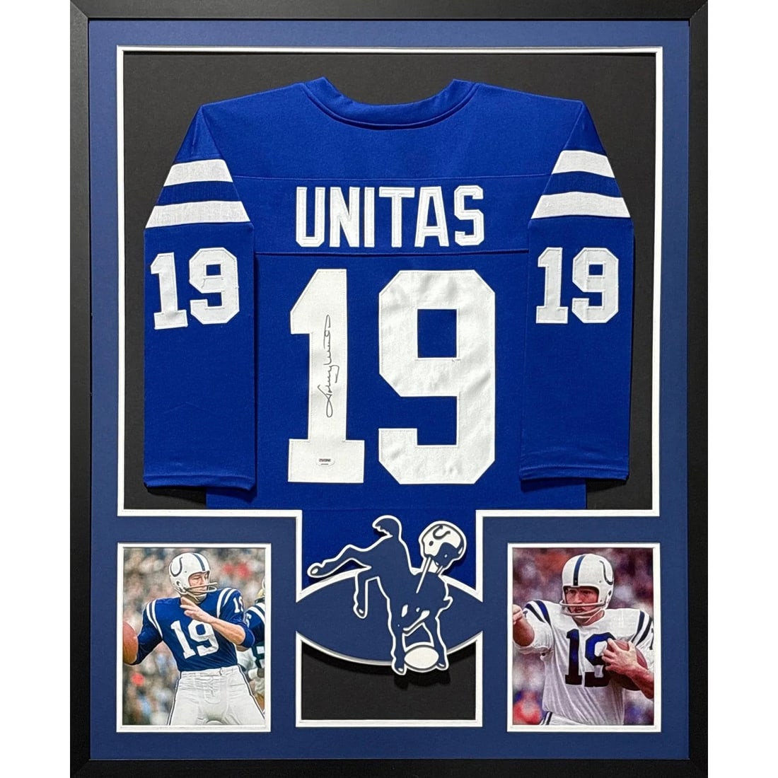 Framed Baltimore Colts Jersey Signed by Johnny Unitas PSA DNA Authenticated: Framed Baltimore Colts Jersey Signed by Johnny Unitas PSA DNA Authenticated This framed Baltimore Colts jersey is autographed by Johnny Unitas and authenticated by PSA/DNA, featuring a tamper-proof st