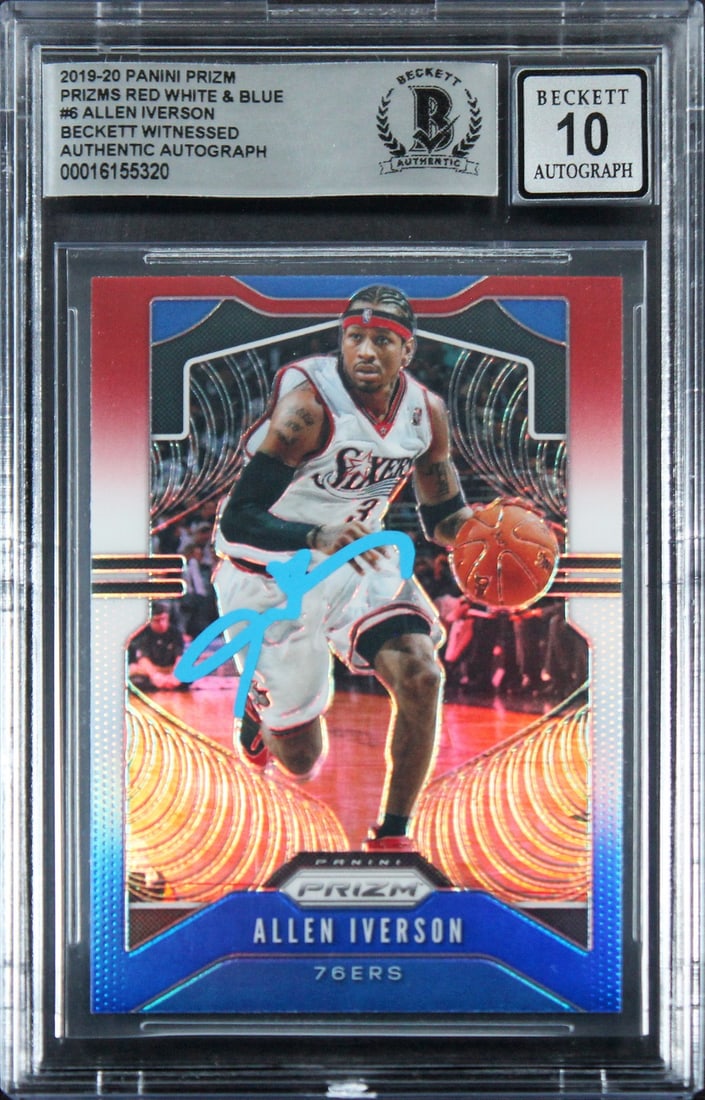 Allen Iverson Signed 2019 Panini Prizm RW&B #6 Card Gem Mint 10 Beckett Authenticated: Allen Iverson Signed 2019 Panini Prizm RW&B #6 Card Gem Mint 10 Beckett Authenticated This 2019 Panini Prizm Red, White & Blue #6 card features the legendary Allen Iverson of the Philadelphia 76ers. G