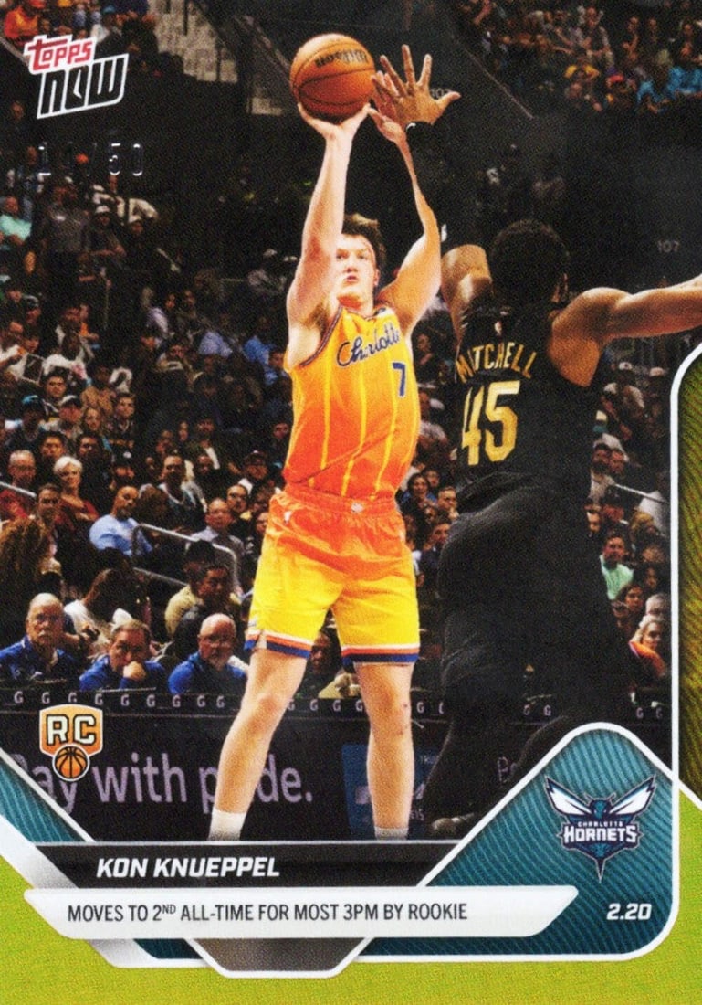 Kon Knueppel Gold Foil Rookie Card Topps Now #179 Limited to 50: Kon Knueppel Gold Foil Rookie Card Topps Now #179 Limited to 50 This is an original 2025 Topps Now Kon Knueppel #179 Gold Foil Rookie basketball card, featuring Kon Knueppel of the Charlotte Hornets. 