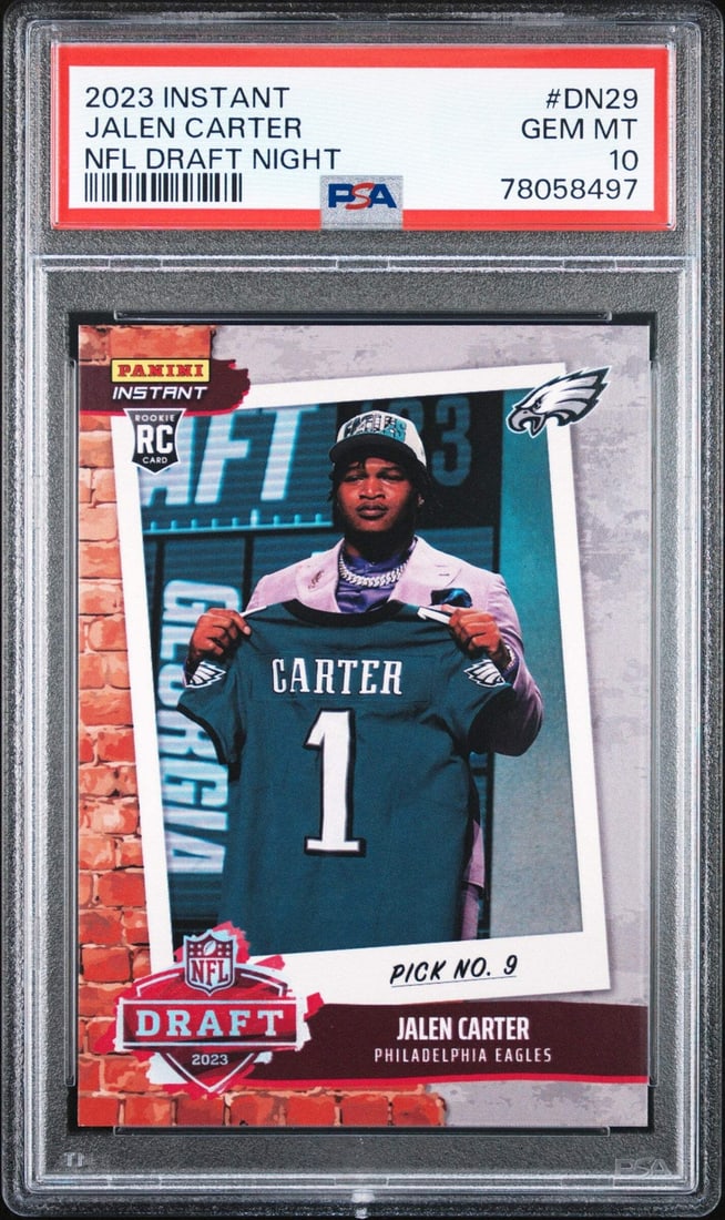 PSA 10 Graded 2023 Jalen Carter NFL Draft RC Card #DN29: PSA 10 Graded 2023 Jalen Carter NFL Draft RC Card #DN29 This 2023 Instant Jalen Carter #DN29 NFL Draft Night rookie card features exceptional grading at PSA 10, ensuring its top-notch quality and auth