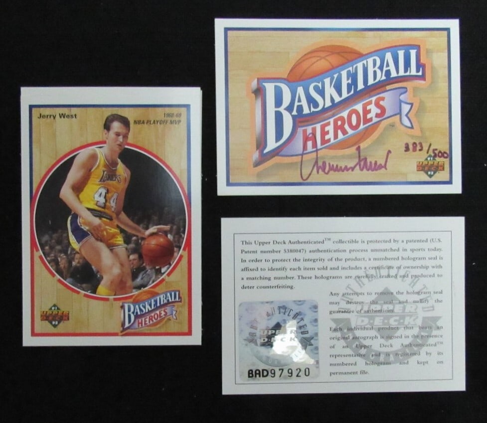 1992 Jerry West HOF Upper Deck Heroes Los Angeles Lakers Trading Card: 1992 Jerry West HOF Upper Deck Heroes Los Angeles Lakers Trading Card This is a 1992 Jerry West Hall of Fame trading card from the Los Angeles Lakers, part of the Upper Deck Heroes Card Set. This orig