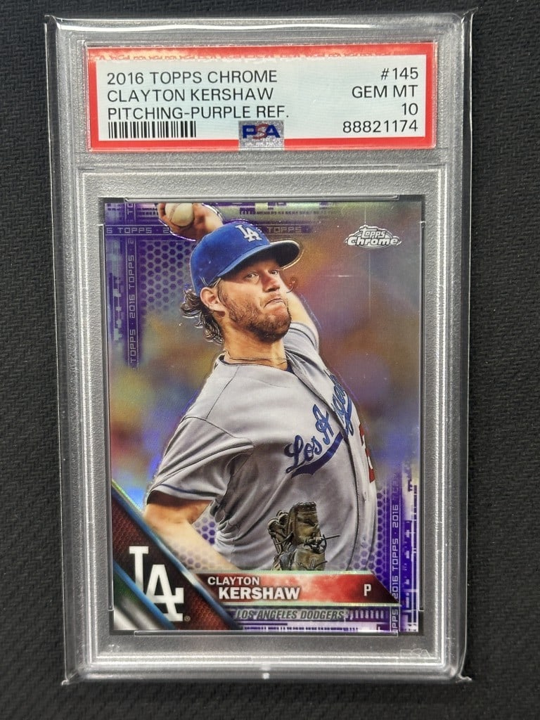 Clayton Kershaw 2016 Topps Chrome Purple Refractor PSA 10 #145 Dodgers: Clayton Kershaw 2016 Topps Chrome Purple Refractor PSA 10 #145 Dodgers This 2016 Topps Chrome Purple Refractor Baseball Card features the legendary Clayton Kershaw of the Los Angeles Dodgers. Graded b