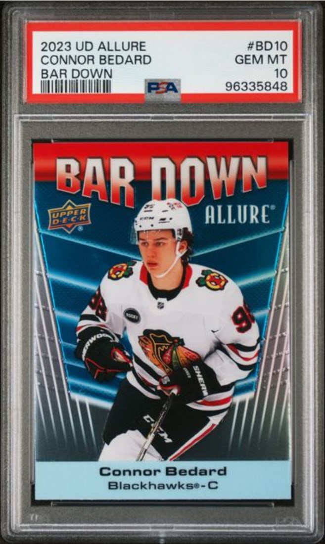 2023 Upper Deck Allure Connor Bedard Bar Down Rookie RC PSA 10: 2023 Upper Deck Allure Connor Bedard Bar Down Rookie RC PSA 10 This is a graded 2023 Upper Deck Allure Connor Bedard #BD10 Bar Down Rookie RC Card, certified authentic by Professional Sports Authentic