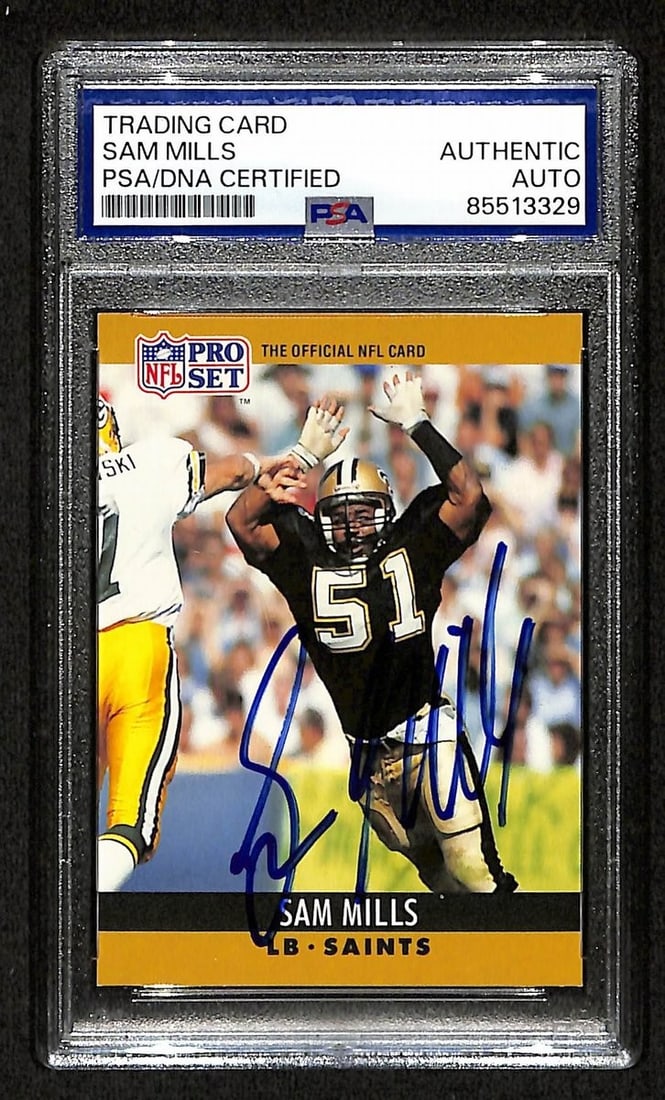 Sam Mills Autographed 1990 Pro Set #217 PSA/DNA Football Card: Sam Mills Autographed 1990 Pro Set #217 PSA/DNA Football Card This is a signed trading card featuring Sam Mills, a Hall of Fame linebacker who played for both the New Orleans Saints and the Carolina P