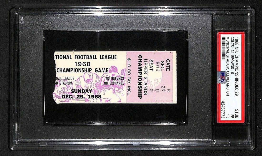 Baltimore Colts Cleveland Browns 1968 NFL Championship Ticket Stub PSA DNA FR 1.5: Baltimore Colts Cleveland Browns 1968 NFL Championship Ticket Stub PSA DNA FR 1.5 This is an original ticket stub from the December 29, 1968 NFL Championship Game featuring the Baltimore Colts versus 