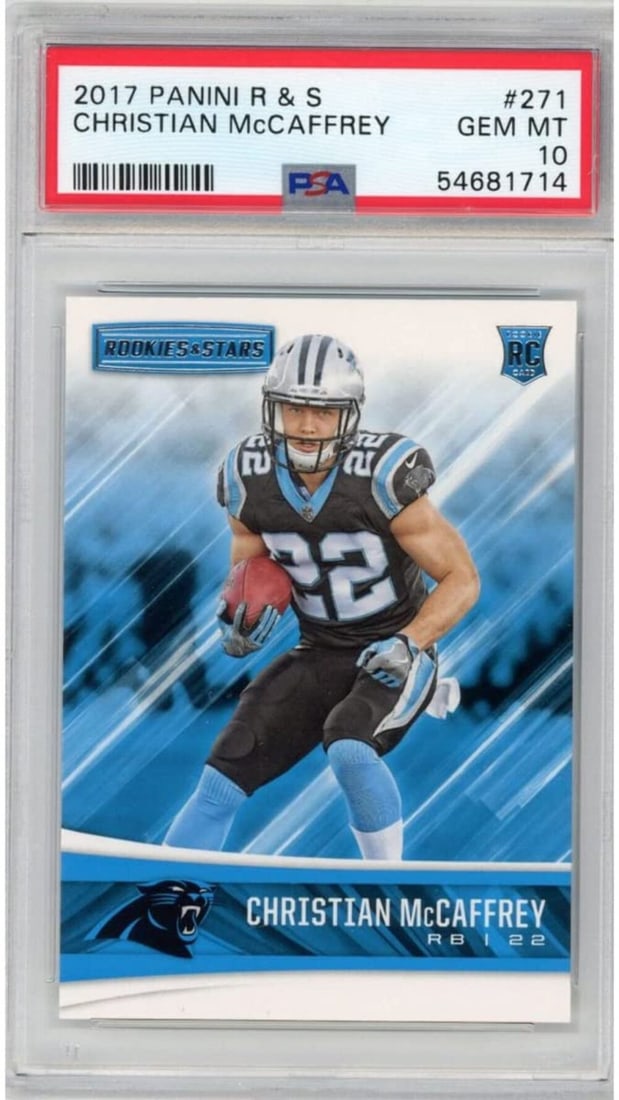 2017 Panini Rookies & Stars Christian McCaffrey #271 Graded PSA 10 Football Card: 2017 Panini Rookies & Stars Christian McCaffrey #271 Graded PSA 10 Football Card This is a graded 2017 Panini Rookies & Stars Christian McCaffrey #271 football card, receiving a top grade of 10 from P