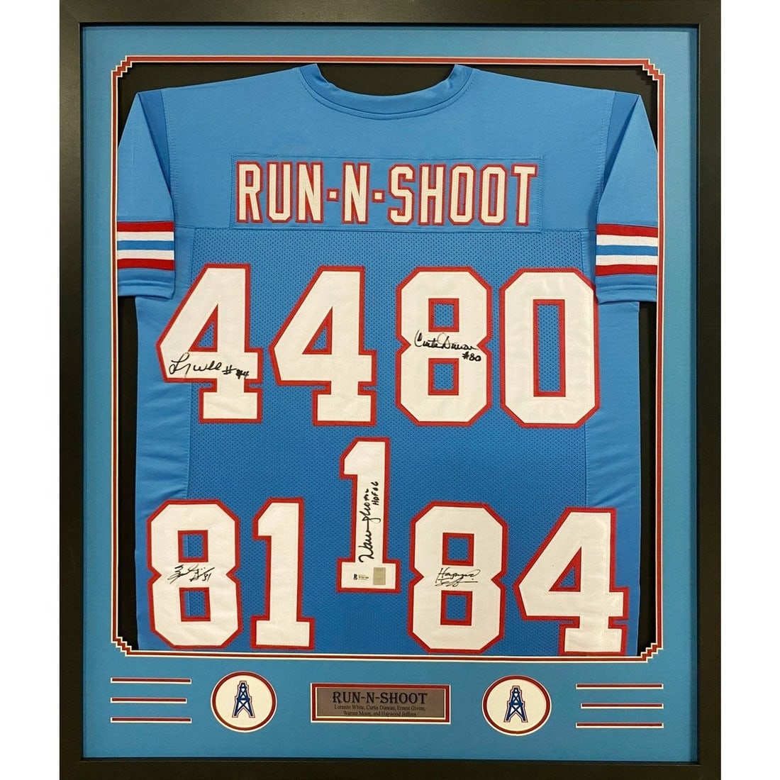 Houston Oilers Run & Shoot Framed Signed Jersey Beckett Authenticated: Houston Oilers Run & Shoot Framed Signed Jersey Beckett Authenticated This Houston Oilers jersey features the signatures of five members of the renowned Run and Shoot offense. The jersey is profession
