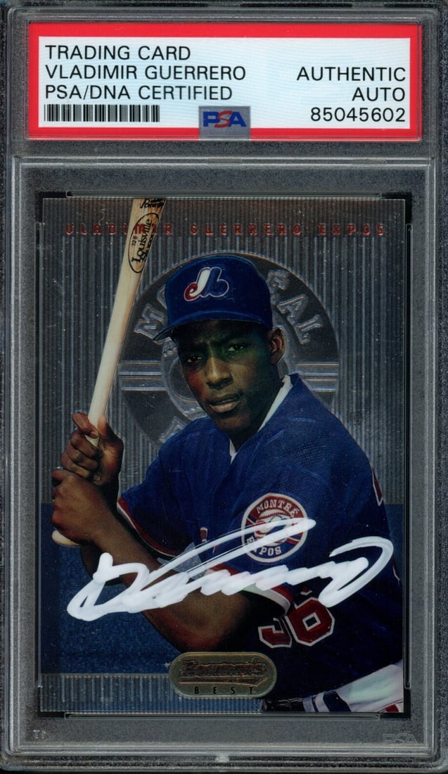 Vladimir Guerrero 1995 Montreal Expos Signed Rookie Card PSA/DNA: Vladimir Guerrero 1995 Montreal Expos Signed Rookie Card PSA/DNA This is a signed 1995 Bowman's Best rookie card #2 featuring Vladimir Guerrero, a celebrated player of the Montreal Expos in Major Leag