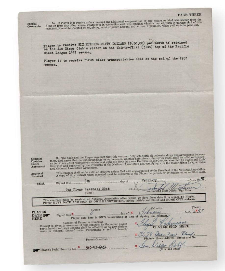Ralph Kiner Floyd Robinson Signed Contract Chicago White Sox JSA: Ralph Kiner Floyd Robinson Signed Contract Chicago White Sox JSA This is an original autographed contract featuring Ralph Kiner and Floyd Robinson, dated 1957, from their time with the PCL San Diego P
