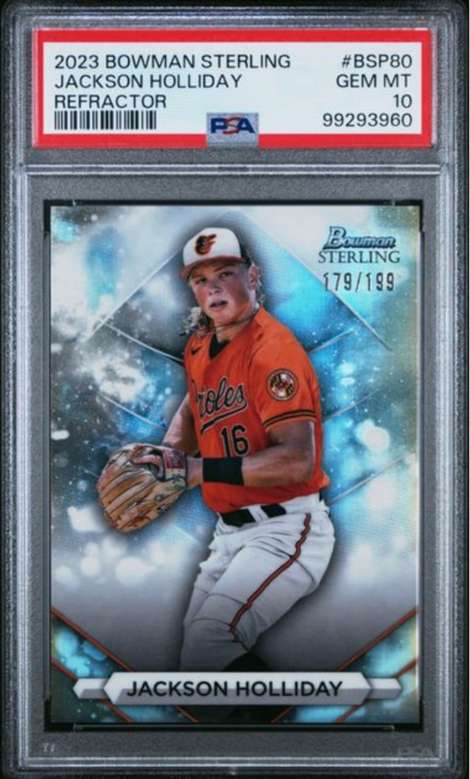 PSA 10 2023 Bowman Sterling Jackson Holliday Refractor Card Number BSP80 /199: PSA 10 2023 Bowman Sterling Jackson Holliday Refractor Card Number BSP80 /199 This is an original 2023 Bowman Sterling Jackson Holliday #BSP80 Refractor card, serial numbered out of 199, featuring Jac