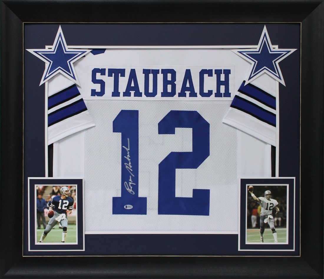 Roger Staubach Signed Framed Jersey Dallas Cowboys BAS Authenticated 32 x 37: Roger Staubach Signed Framed Jersey Dallas Cowboys BAS Authenticated 32 x 37 This authentic signed white pro style framed jersey features the legendary Roger Staubach of the Dallas Cowboys. Personally