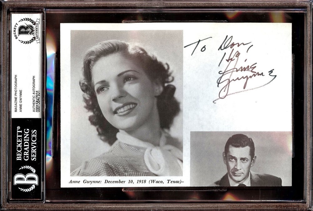 Anne Gwynne Beckett Authenticated Signed Magazine Photograph in 6 x 9 Slab: Anne Gwynne Beckett Authenticated Signed Magazine Photograph in 6 x 9 Slab This is an original magazine photo autographed by Hollywood actress Anne Gwynne. The photograph has been authenticated by Bec