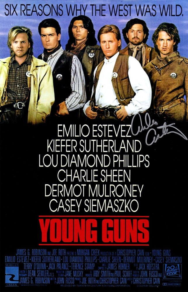 Emilio Estevez Signed Young Guns Movie Poster 11x17 with COA: Emilio Estevez Signed Young Guns Movie Poster 11x17 with COA Own a piece of film history with this original signed 'Young Guns' movie poster featuring Emilio Estevez as Billy the Kid. This 11x17 poste
