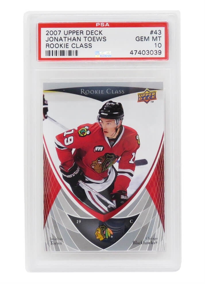 Jonathan Toews 2007 Upper Deck #43 RC Gem Mint 10 PSA Hockey Card: Jonathan Toews 2007 Upper Deck #43 RC Gem Mint 10 PSA Hockey Card This listing features a 2007 Upper Deck #43 rookie card of Jonathan Toews, a prominent player in the National Hockey League (NHL) with