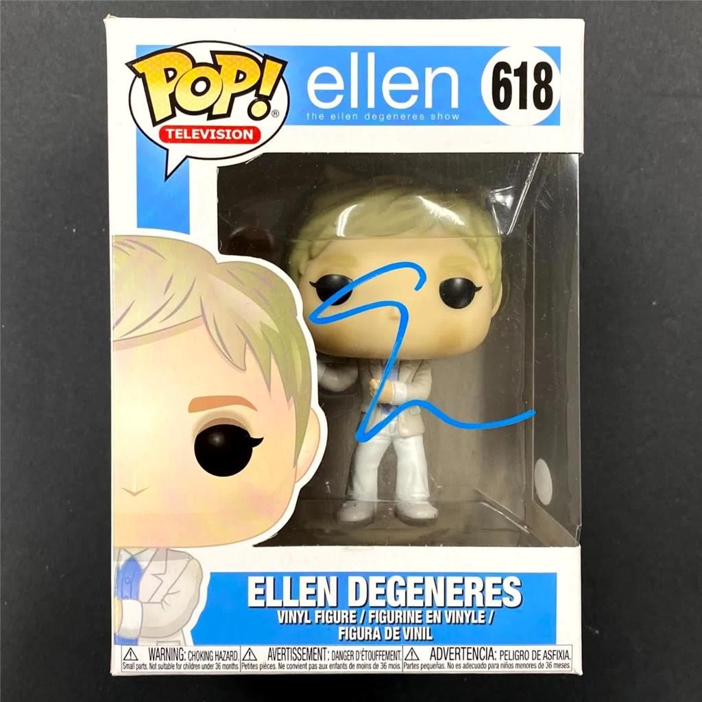 Autographed Ellen DeGeneres Funko Pop 618 Figure JSA Authenticated: Autographed Ellen DeGeneres Funko Pop 618 Figure JSA Authenticated This is an original Funko Pop! Figure, number 618, signed by Ellen DeGeneres. The autograph is authenticated by James Spence Authenti