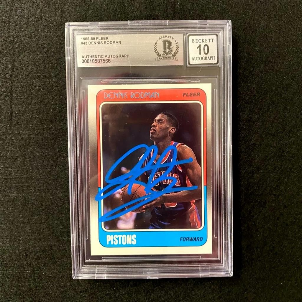 Dennis Rodman 1988-89 Fleer rookie card Beckett BAS 10 auto: Dennis Rodman 1988-89 Fleer rookie card Beckett BAS 10 auto This is an original 1988-89 Fleer #43 rookie card featuring Dennis Rodman. The card is hard signed by Dennis Rodman and graded 10 by Beckett