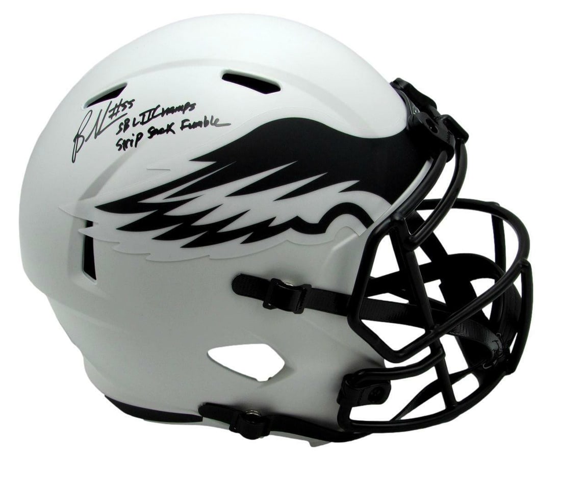 Brandon Graham Signed Eagles Lunar Eclipse Helmet JSA Authenticated: Brandon Graham Signed Eagles Lunar Eclipse Helmet JSA Authenticated Offered is a Philadelphia Eagles White Lunar Eclipse Full Size Replica Football Helmet, signed and inscribed by Brandon Graham with 