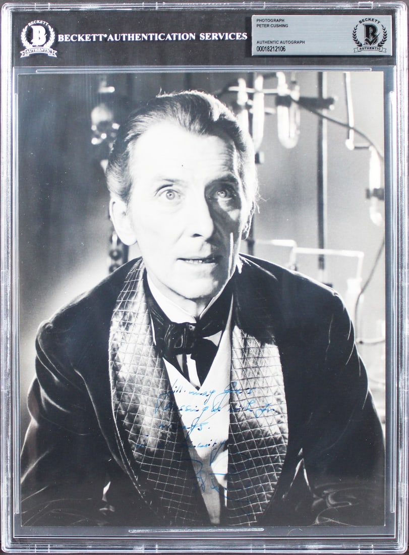 Peter Cushing Signed Frankenstein 8x10 Photo with Blessings BAS Slabbed: Peter Cushing Signed Frankenstein 8x10 Photo with Blessings BAS Slabbed This original 8x10 photograph features a heartfelt inscription by the iconic actor Peter Cushing, known for his role in Frankens