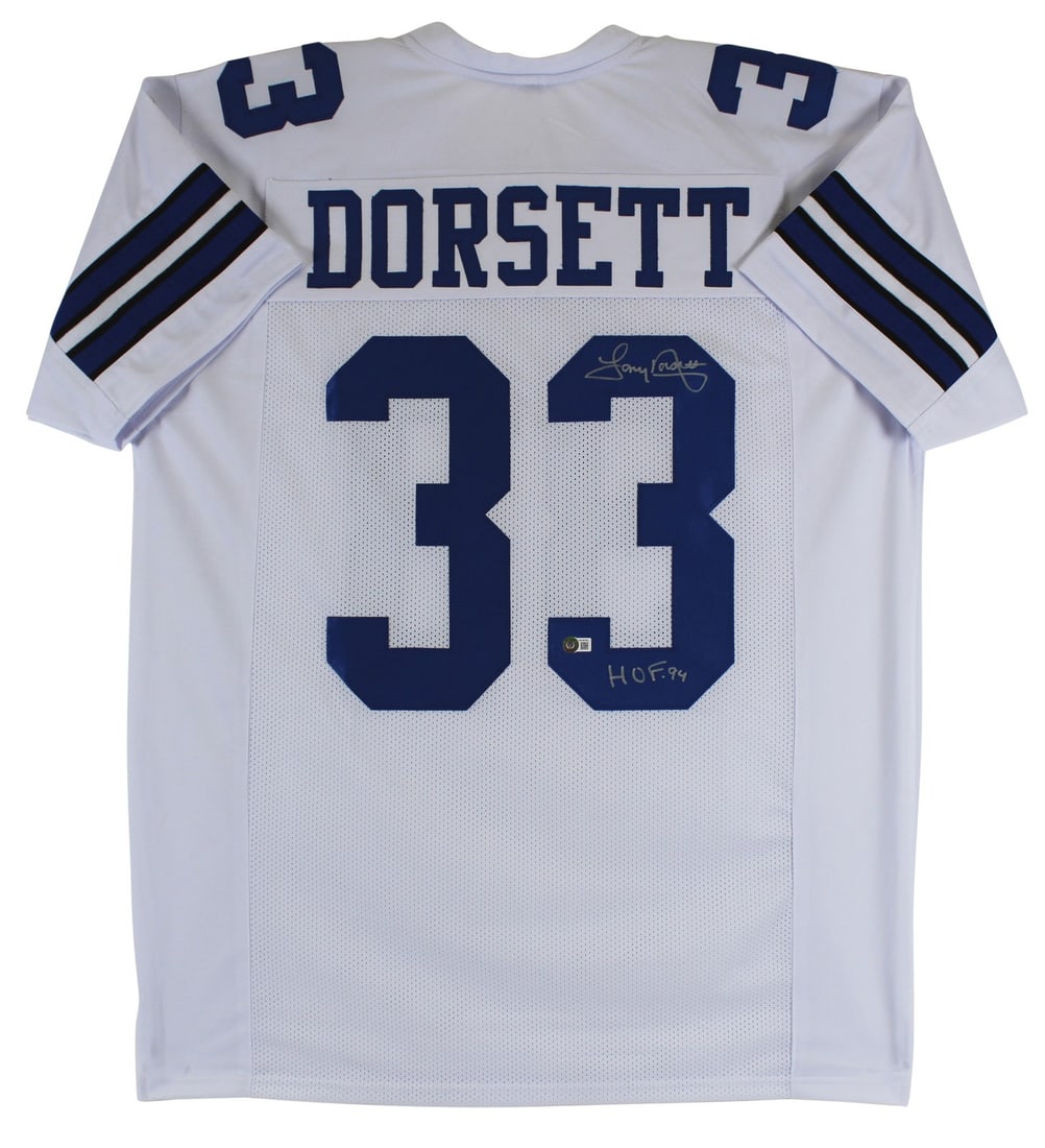 Tony Dorsett Signed Jersey HOF 94 Dallas Cowboys BAS Authenticated: Tony Dorsett Signed Jersey HOF 94 Dallas Cowboys BAS Authenticated This authentic signed white pro style jersey features the inscription "HOF 94" and has been personally signed by Tony Dorsett of the 