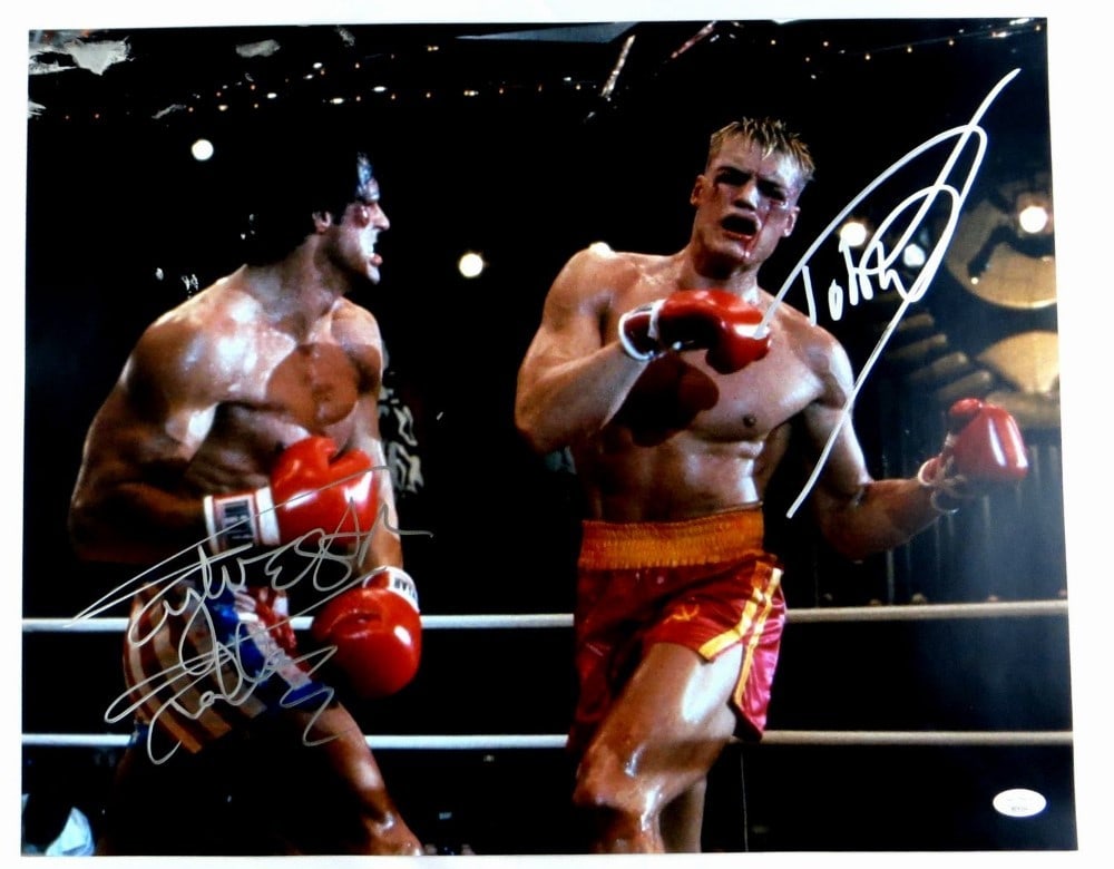 Sylvester Stallone Dolph Lundgren Signed 16x20 Photo Rocky IV JSA Authenticated: Sylvester Stallone Dolph Lundgren Signed 16x20 Photo Rocky IV JSA Authenticated Celebrate the iconic film 'Rocky IV' with this stunning 16x20 photograph autographed by both Sylvester Stallone and Dolp