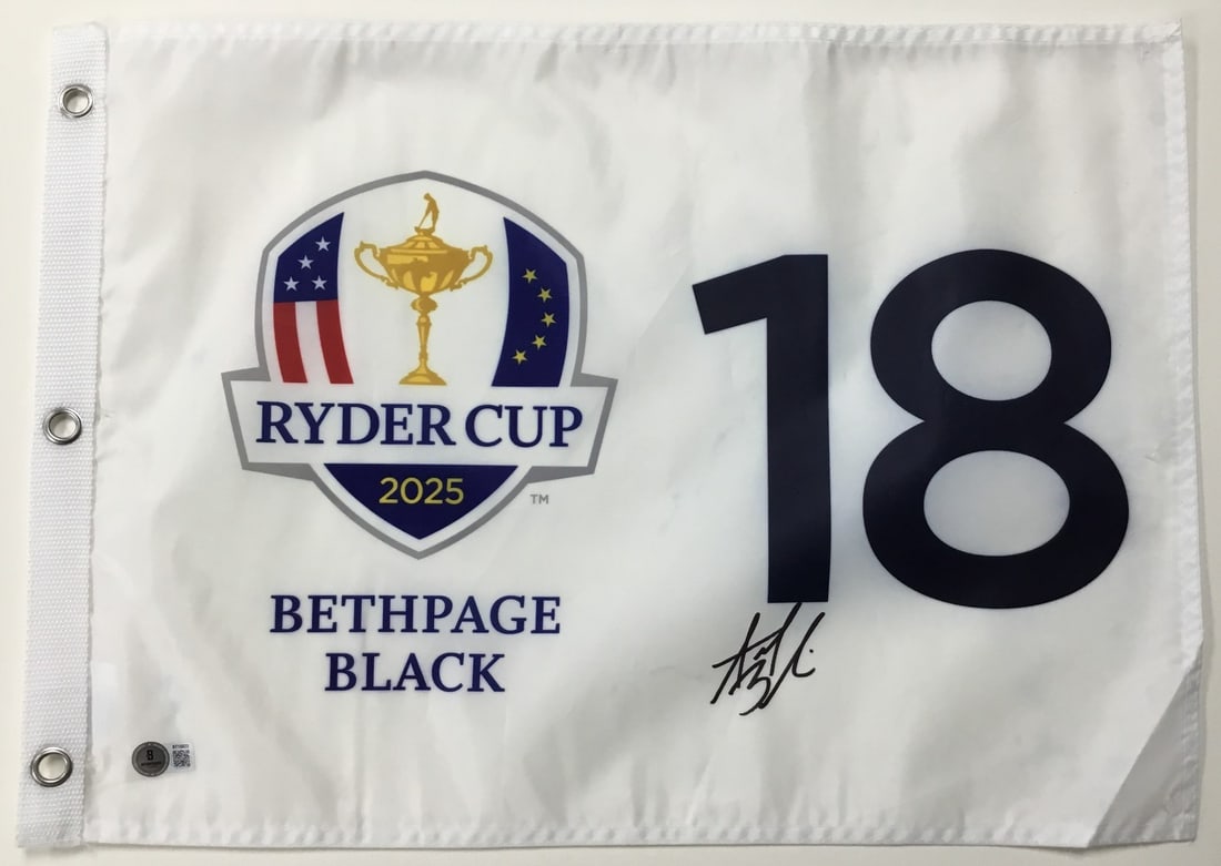 Akshay Bhatia Signed 2025 Ryder Cup Flag Beckett Authenticated BT18823: Akshay Bhatia Signed 2025 Ryder Cup Flag Beckett Authenticated BT18823 Celebrate the thrilling 2025 Ryder Cup with this officially licensed pin flag featuring the signature of PGA star Akshay Bhatia. 
