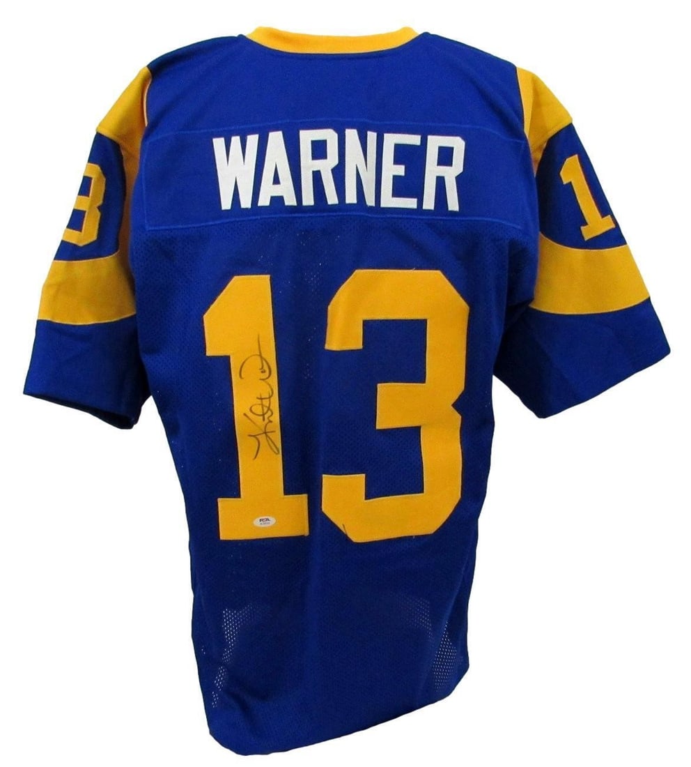 Signed Custom Rams Football Jersey Kurt Warner PSA DNA Authenticated: Signed Custom Rams Football Jersey Kurt Warner PSA DNA Authenticated This custom football jersey is autographed by Kurt Warner and represents the Los Angeles Rams. The signature is authenticated by PS