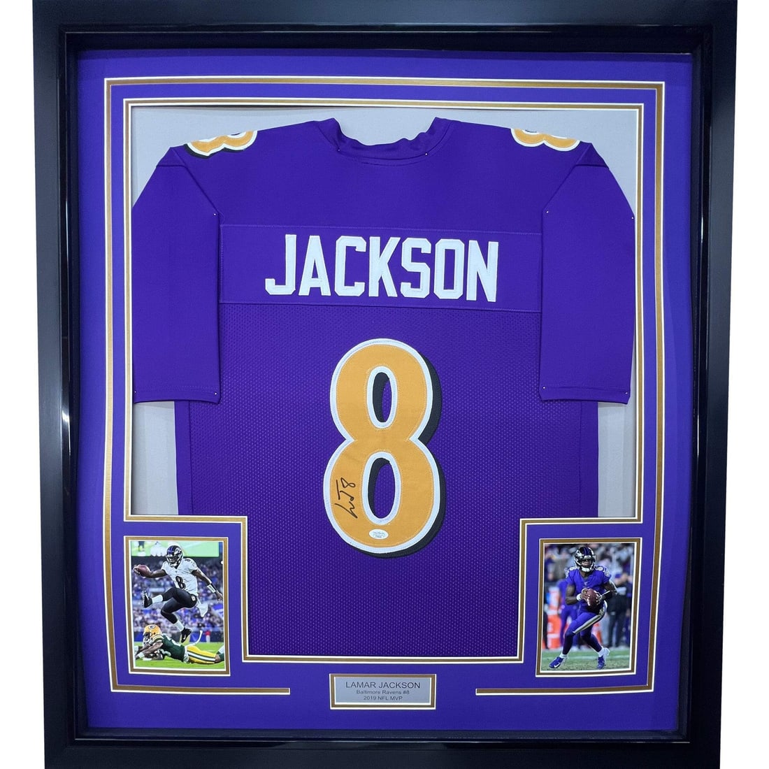 Framed Autographed Lamar Jackson Jersey 33x42 Baltimore Ravens JSA COA: Framed Autographed Lamar Jackson Jersey 33x42 Baltimore Ravens JSA COA Showcase your passion for football with this professionally framed and matted autographed jersey of Lamar Jackson, featuring the 