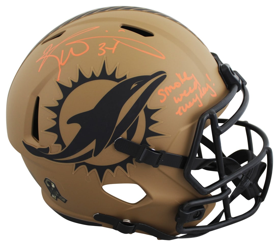 Ricky Williams Autographed Dolphins Speed Replica Helmet JSA Witnessed Salute To Service: Ricky Williams Autographed Dolphins Speed Replica Helmet JSA Witnessed Salute To Service This Miami Dolphins full-size Riddell Speed Replica helmet is personally signed by Ricky Williams and features 