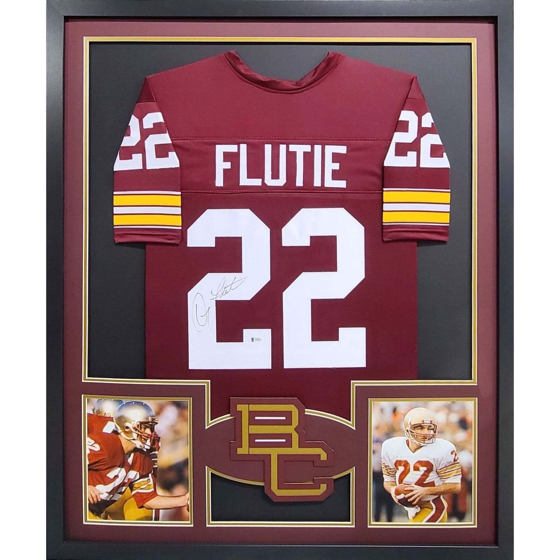 Doug Flutie Autographed Framed Jersey Beckett Authenticated Boston College: Doug Flutie Autographed Framed Jersey Beckett Authenticated Boston College This is a framed autographed jersey of Doug Flutie, showcasing the legendary Boston College logo. Authenticated by Beckett, a